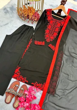 Black Elegant Heavy Faux Georgette Embroidered Top with Plazzo & Dupatta – Fully Stitched, Comfortable Fit
- Black, S