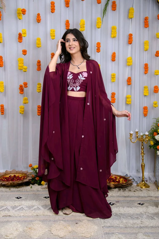 Wine Hand Work Cape And Drape Skirt Set
- Mulberry Wood, L