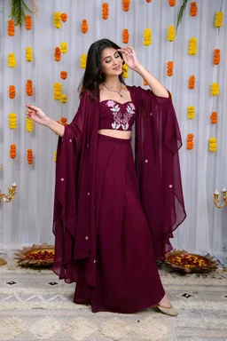 Wine Hand Work Cape And Drape Skirt Set
- Mulberry Wood, L