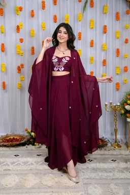 Wine Hand Work Cape And Drape Skirt Set
- Mulberry Wood, M
