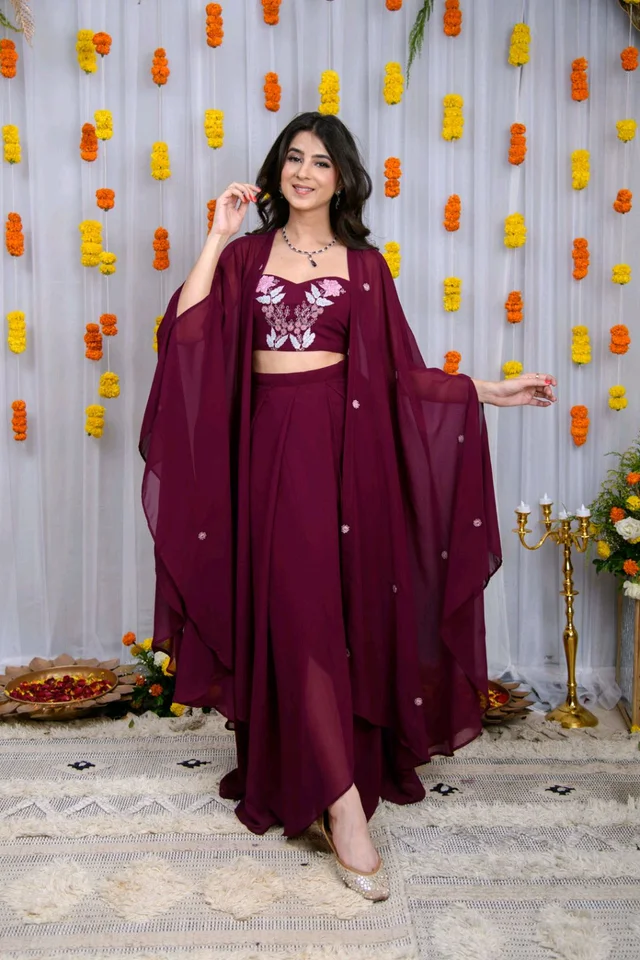 Wine Hand Work Cape And Drape Skirt Set
- Mulberry Wood, M