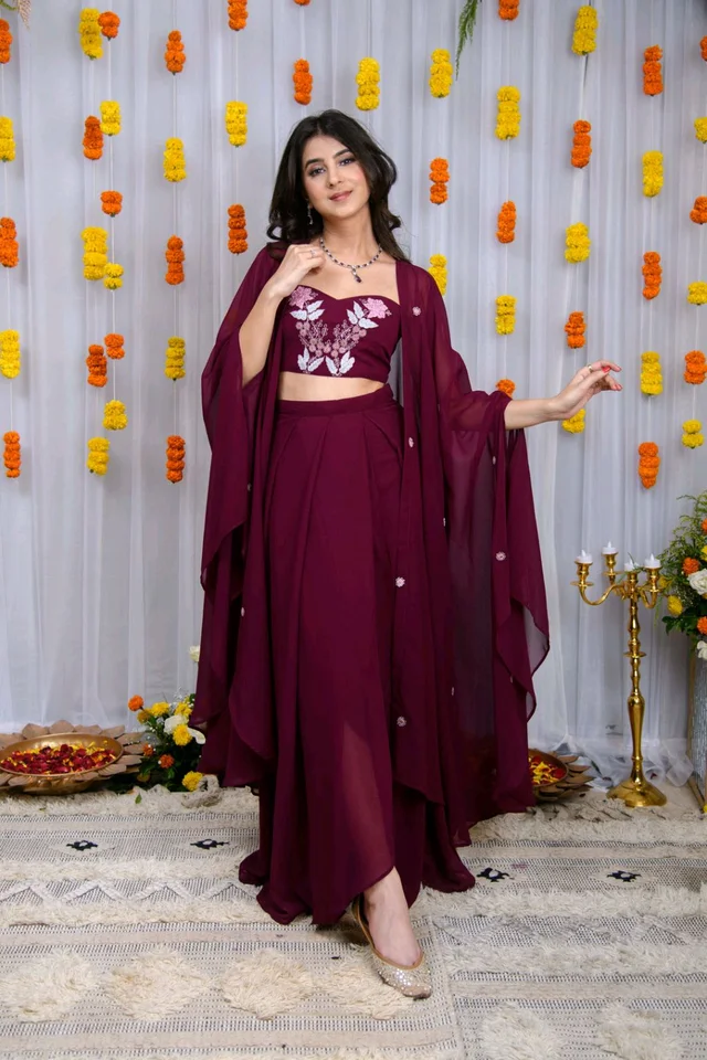 Wine Hand Work Cape And Drape Skirt Set
- Mulberry Wood, M