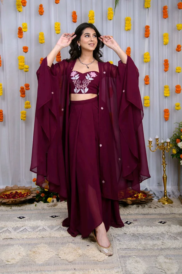 Wine Hand Work Cape And Drape Skirt Set
- Mulberry Wood, S