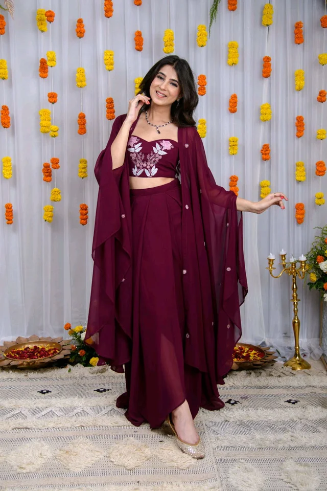 Wine Hand Work Cape And Drape Skirt Set
- Mulberry Wood, S