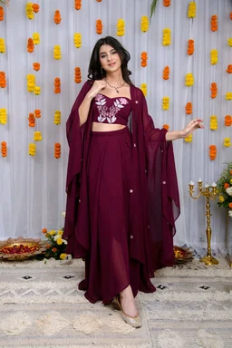 Wine Hand Work Cape And Drape Skirt Set
- Mulberry Wood, XXL