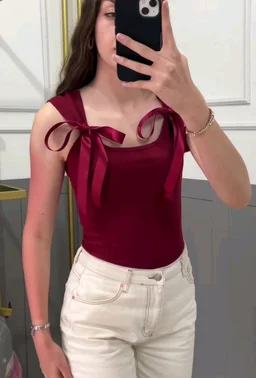Korean Deep Neck Ribbon_White - XL, Maroon