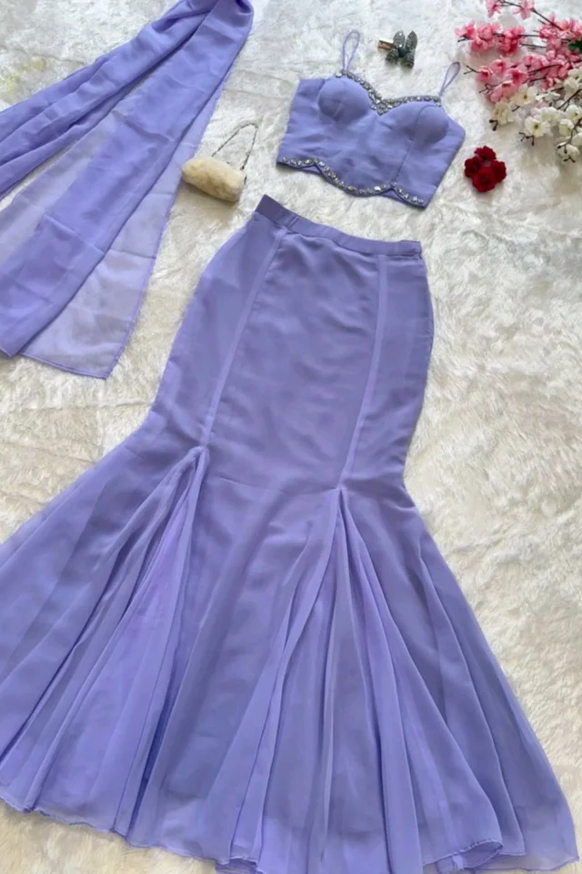 Lavender Flare Fish cut lehnga - Free Size, Blue Bell
