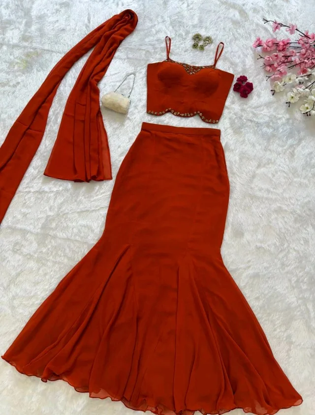 Lavender Flare Fish cut lehnga - M, Red