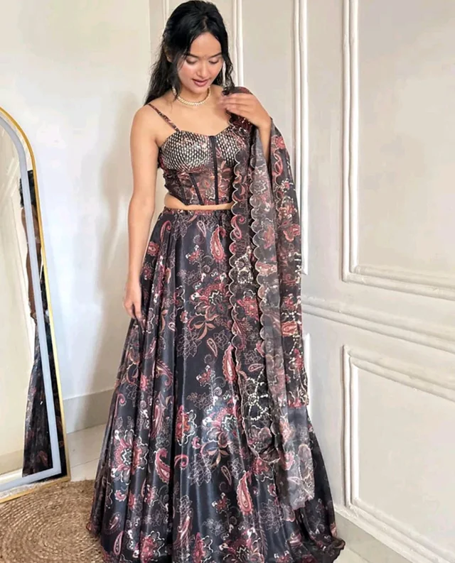 Grey Color Pure Organza Digital Printed Lehenga Choli - Free Size, Grey