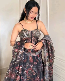 Grey Color Pure Organza Digital Printed Lehenga Choli - Free Size, Grey