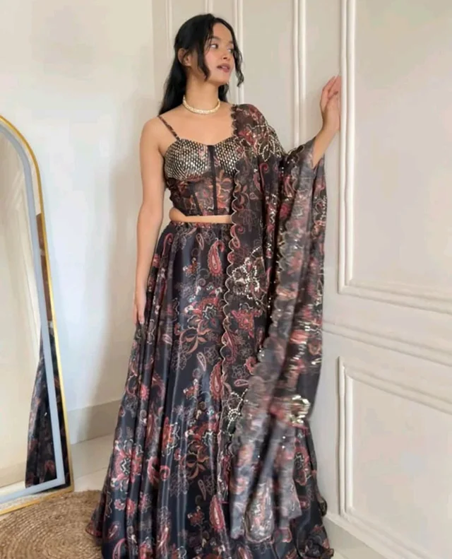 Grey Color Pure Organza Digital Printed Lehenga Choli - XXL, Grey