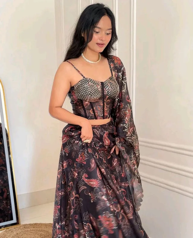 Grey Color Pure Organza Digital Printed Lehenga Choli - XXL, Grey