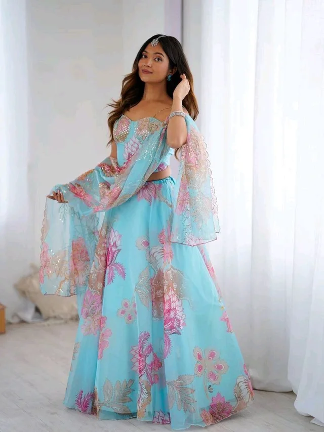 Grey Color Pure Organza Digital Printed Lehenga Choli - Free Size, Spray