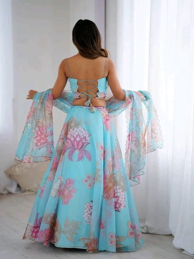 Grey Color Pure Organza Digital Printed Lehenga Choli - Free Size, Spray