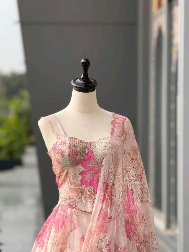 Grey Color Pure Organza Digital Printed Lehenga Choli - Free Size, Almond
