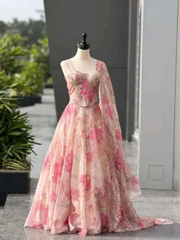 Grey Color Pure Organza Digital Printed Lehenga Choli - Free Size, Almond