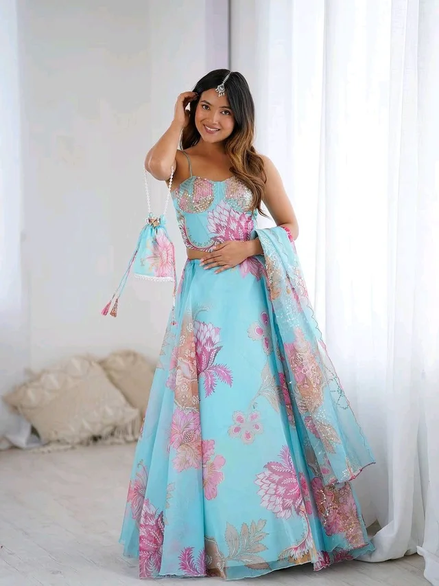 Grey Color Pure Organza Digital Printed Lehenga Choli - XL, Spray