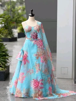 Grey Color Pure Organza Digital Printed Lehenga Choli - XL, Spray