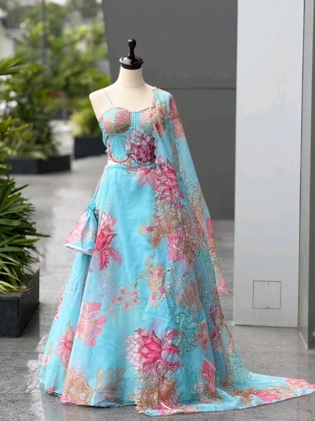 Grey Color Pure Organza Digital Printed Lehenga Choli - XL, Spray