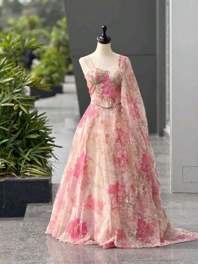 Grey Color Pure Organza Digital Printed Lehenga Choli - XL, Almond
