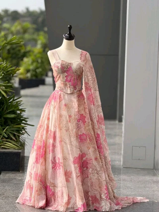 Grey Color Pure Organza Digital Printed Lehenga Choli - XL, Almond