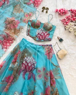 Grey Color Pure Organza Digital Printed Lehenga Choli - XXL, Spray