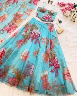 Grey Color Pure Organza Digital Printed Lehenga Choli - XXL, Spray