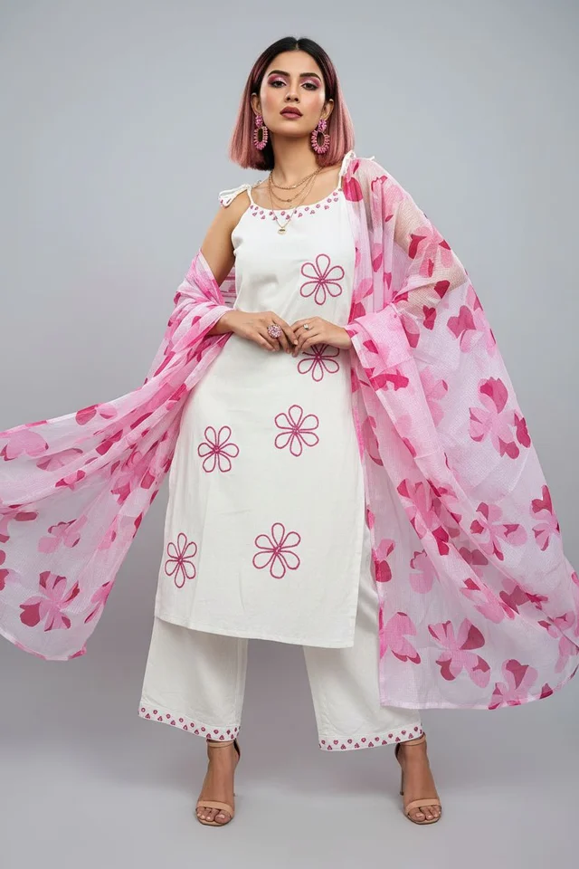 Women's Pure Cotton Kurta Set with Dupatta – Sleeveless White Kurti with Pink Floral Embroidery | Summer Ethnic Wear | Breathable & Soft Fabric - L, Pink