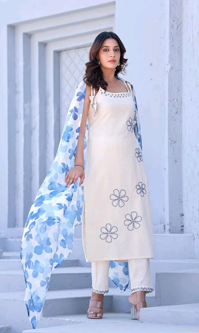 Women's Pure Cotton Kurta Set with Dupatta – Sleeveless White Kurti with Pink Floral Embroidery | Summer Ethnic Wear | Breathable & Soft Fabric - L, Blue