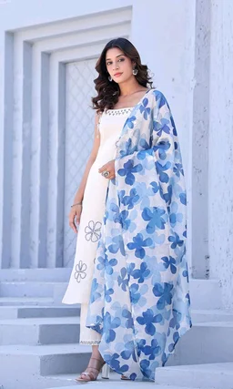 Women's Pure Cotton Kurta Set with Dupatta – Sleeveless White Kurti with Pink Floral Embroidery | Summer Ethnic Wear | Breathable & Soft Fabric - L, Blue