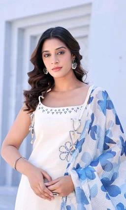 Women's Pure Cotton Kurta Set with Dupatta – Sleeveless White Kurti with Pink Floral Embroidery | Summer Ethnic Wear | Breathable & Soft Fabric - L, Blue