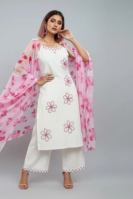 Women's Pure Cotton Kurta Set with Dupatta – Sleeveless White Kurti with Pink Floral Embroidery | Summer Ethnic Wear | Breathable & Soft Fabric - M, Pink