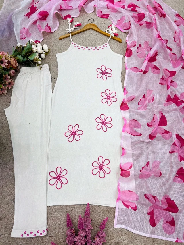 Women's Pure Cotton Kurta Set with Dupatta – Sleeveless White Kurti with Pink Floral Embroidery | Summer Ethnic Wear | Breathable & Soft Fabric - M, Pink