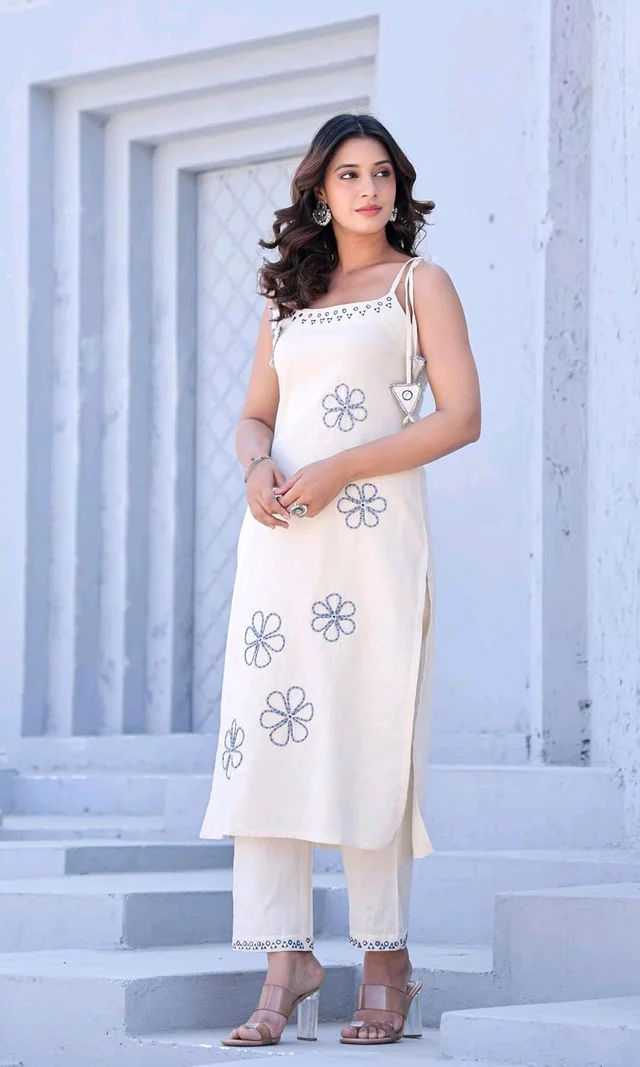 Women's Pure Cotton Kurta Set with Dupatta – Sleeveless White Kurti with Pink Floral Embroidery | Summer Ethnic Wear | Breathable & Soft Fabric - M, Blue