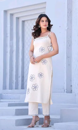 Women's Pure Cotton Kurta Set with Dupatta – Sleeveless White Kurti with Pink Floral Embroidery | Summer Ethnic Wear | Breathable & Soft Fabric - M, Blue