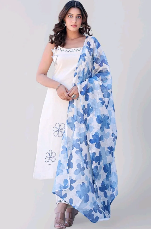 Women's Pure Cotton Kurta Set with Dupatta – Sleeveless White Kurti with Pink Floral Embroidery | Summer Ethnic Wear | Breathable & Soft Fabric - XL, Blue