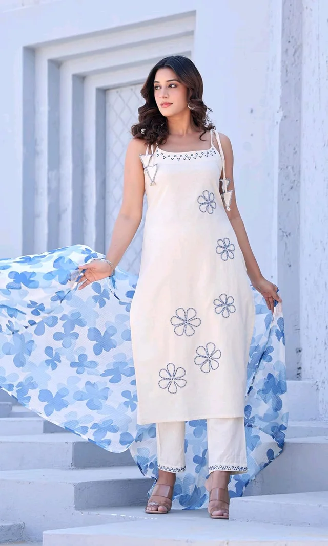 Women's Pure Cotton Kurta Set with Dupatta – Sleeveless White Kurti with Pink Floral Embroidery | Summer Ethnic Wear | Breathable & Soft Fabric - XL, Blue