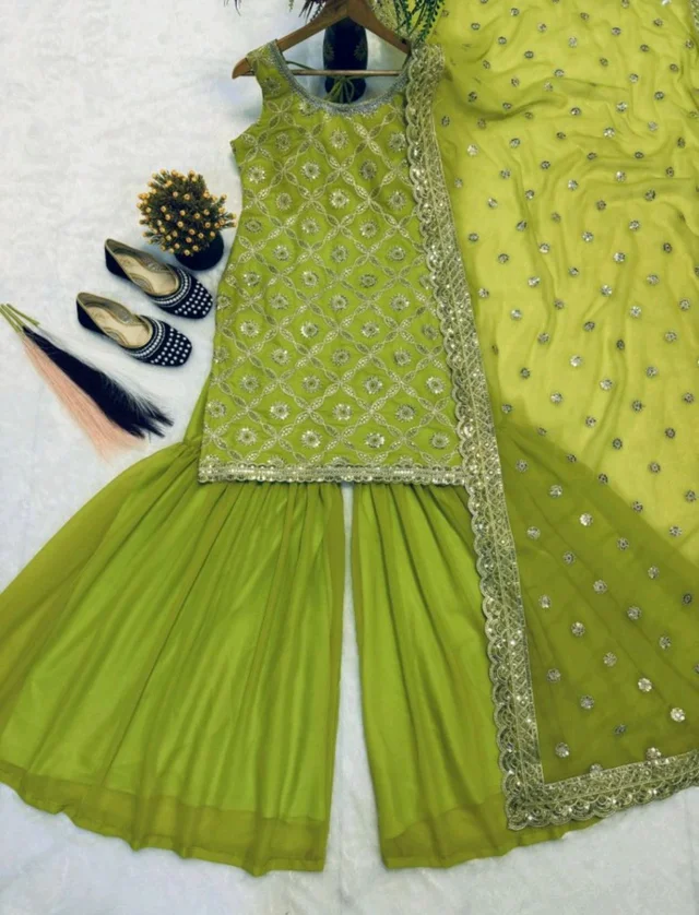 Heavy Faux Georgette With Heavy Work Embroidery thread Sequence Work With Latkan Dori - M, Wasabi