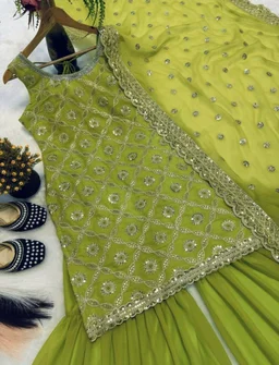 Heavy Faux Georgette With Heavy Work Embroidery thread Sequence Work With Latkan Dori - XL, Wasabi