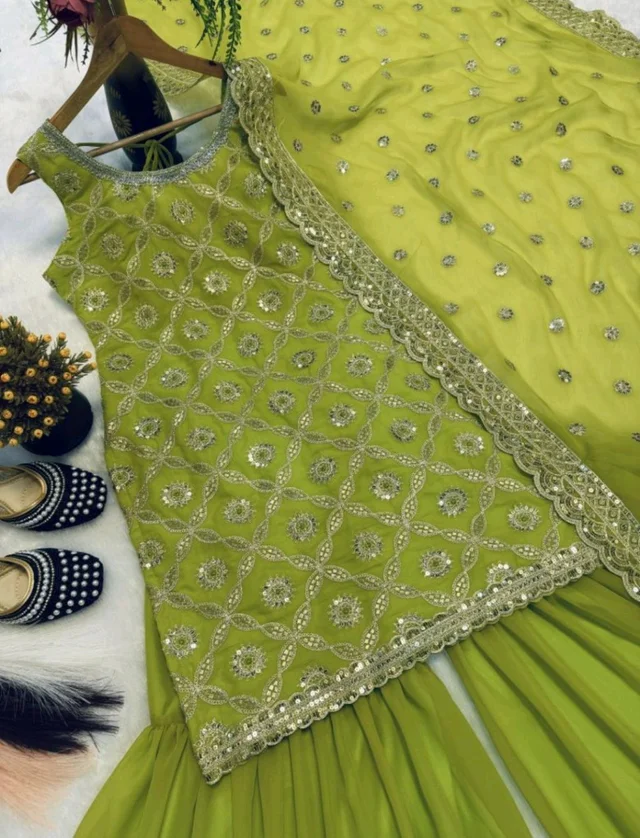 Heavy Faux Georgette With Heavy Work Embroidery thread Sequence Work With Latkan Dori - XXL, Wasabi