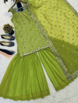 Heavy Faux Georgette With Heavy Work Embroidery thread Sequence Work With Latkan Dori - XXXL, Wasabi