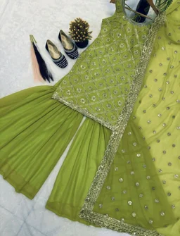 Heavy Faux Georgette With Heavy Work Embroidery thread Sequence Work With Latkan Dori - XXXL, Wasabi