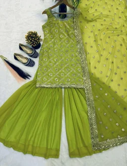Heavy Faux Georgette With Heavy Work Embroidery thread Sequence Work With Latkan Dori - XXXL, Wasabi