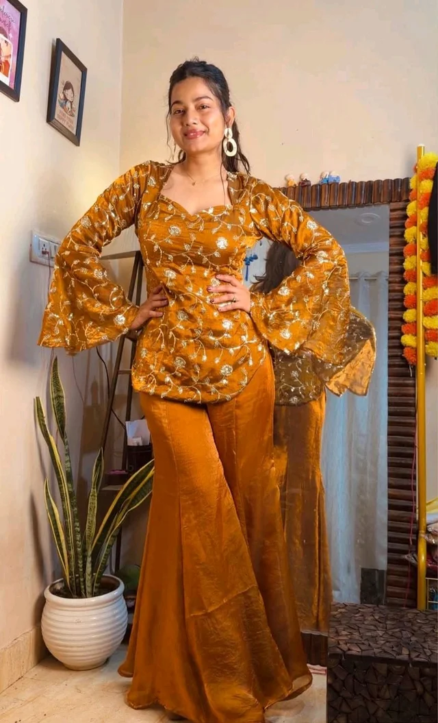 Fandy Silk Top Palazzo set - M, Cinnamon