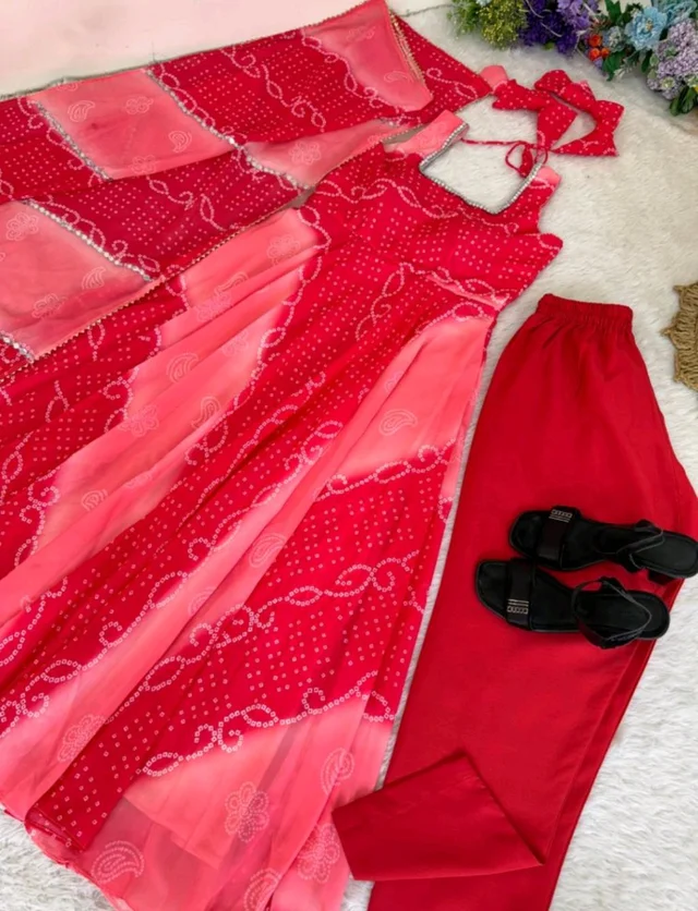 Multi Color Faux Georgette Fabric Digital Print Bandhani Anarkali Suit
- L, Red