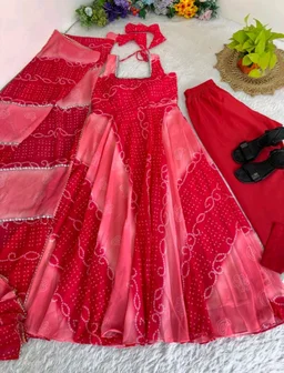 Multi Color Faux Georgette Fabric Digital Print Bandhani Anarkali Suit
- L, Red