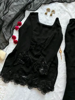 Party Wear Black Color Embroidered Patch Work Designer Palazzo Set - M, Black