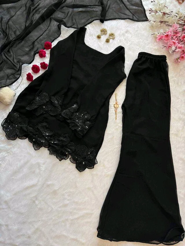 Party Wear Black Color Embroidered Patch Work Designer Palazzo Set - S, Black