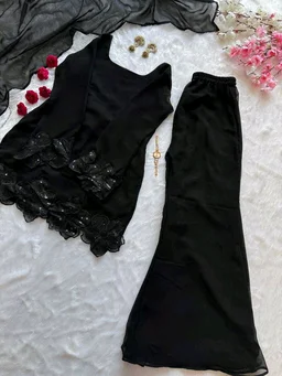 Party Wear Black Color Embroidered Patch Work Designer Palazzo Set - XXL, Black