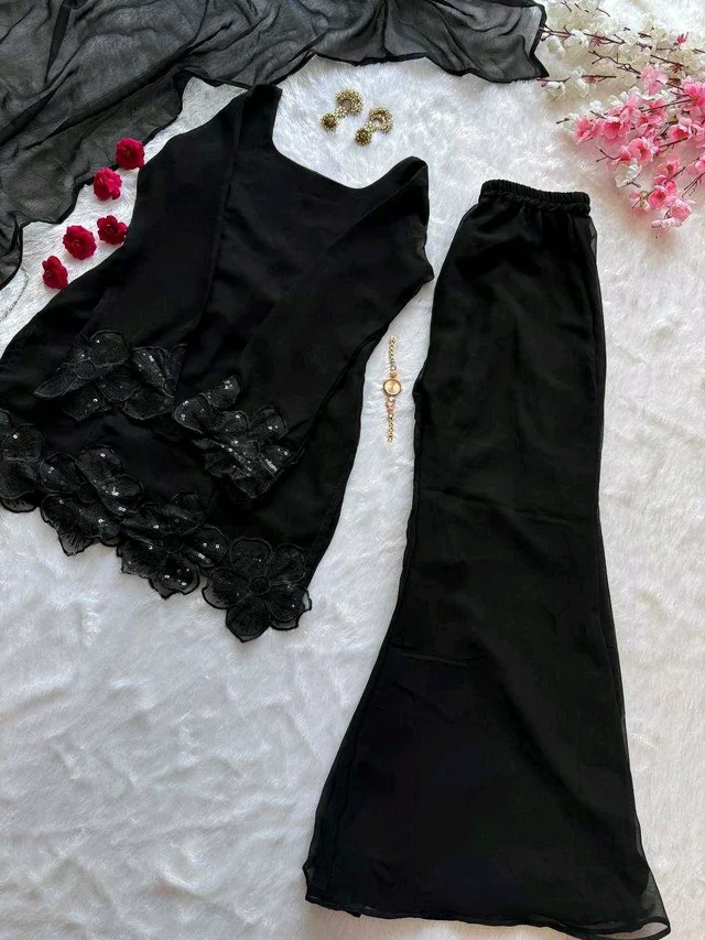 Party Wear Black Color Embroidered Patch Work Designer Palazzo Set - XXL, Black
